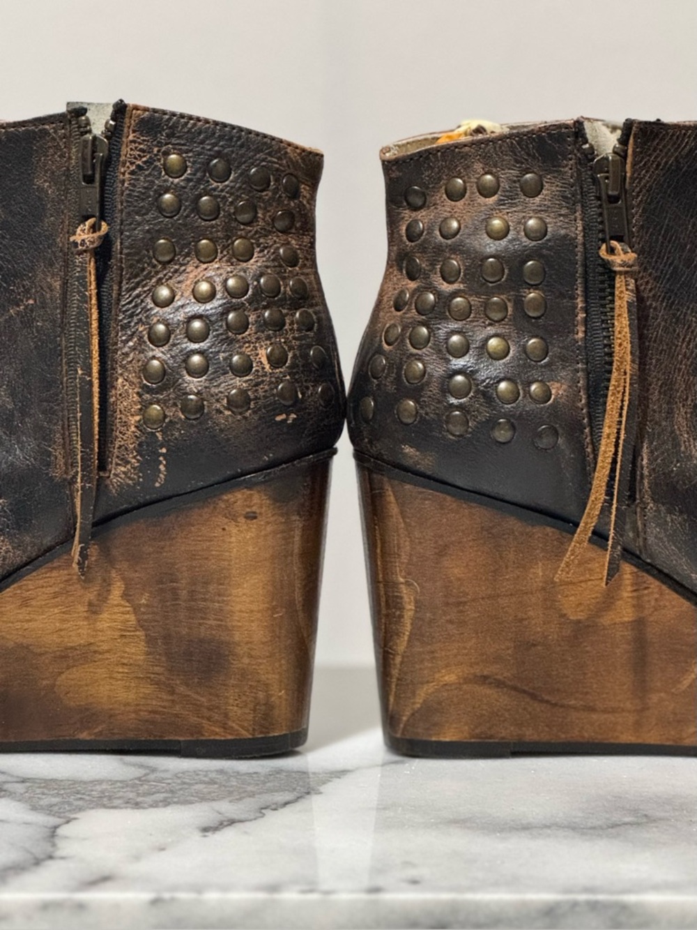 Bed Stu Ghent Brown Distressed Leather Studded Wooden Platform Wedge Ankle Boot - Picture 6 of 6